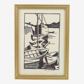 Lithographie estampe epreuve d'artiste signé M.Grimaud bateau a quai