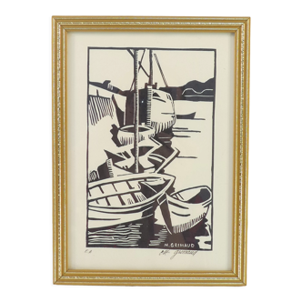 Lithograph print artist's proof signed Mr.Grimaud boat at dock