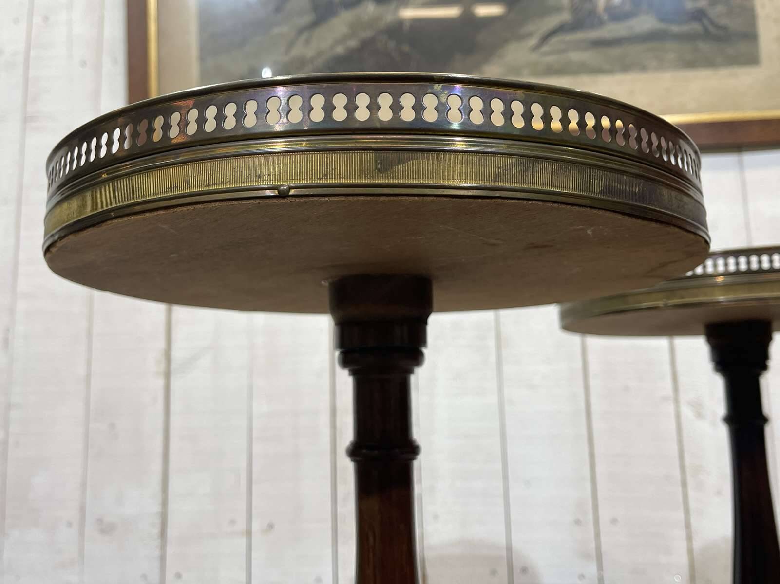 Pair of Louis XVI style mahogany side tables with marble tops