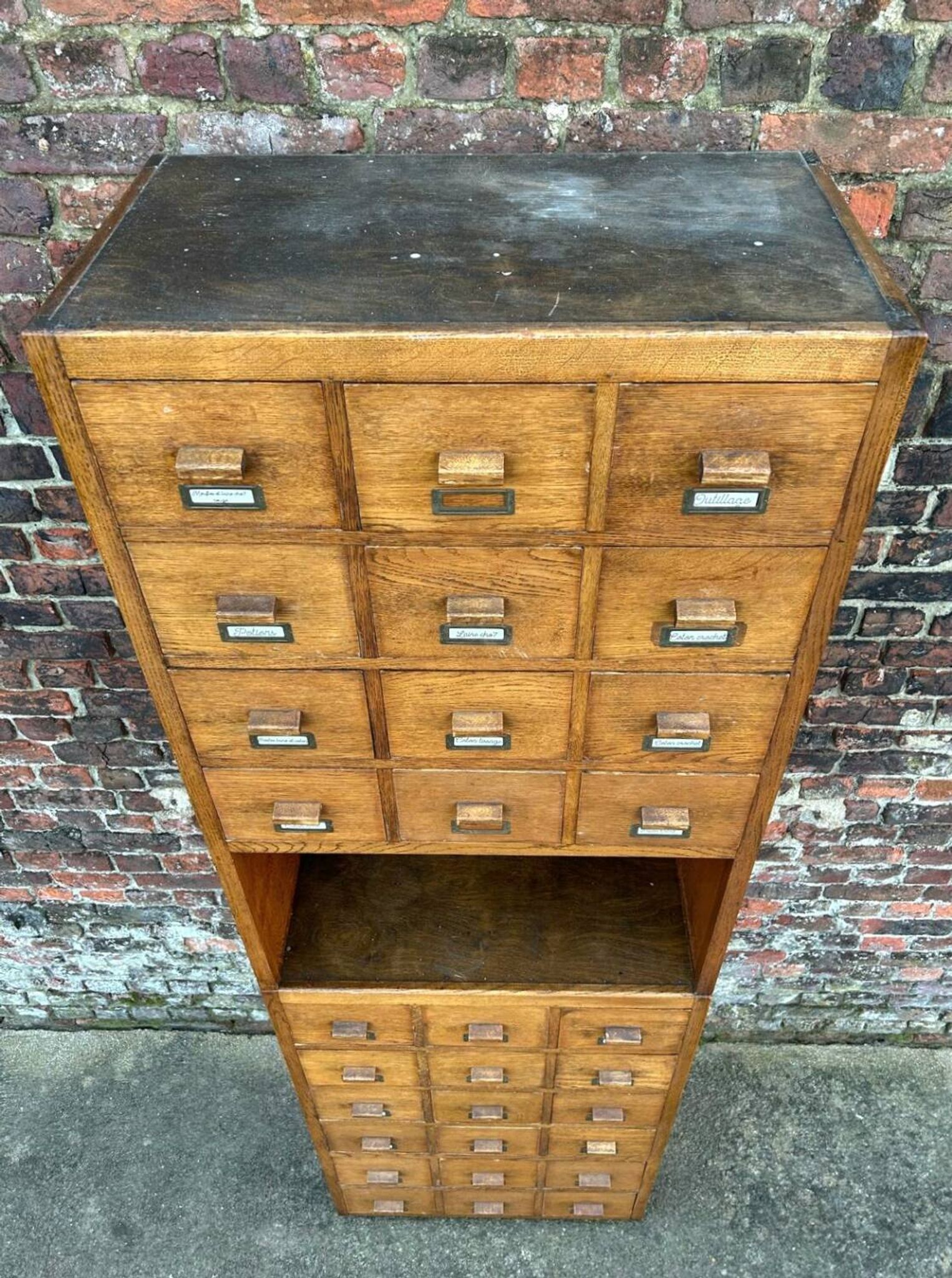 Large vintage workshop furniture with 30 drawers, antique haberdashery compartments.