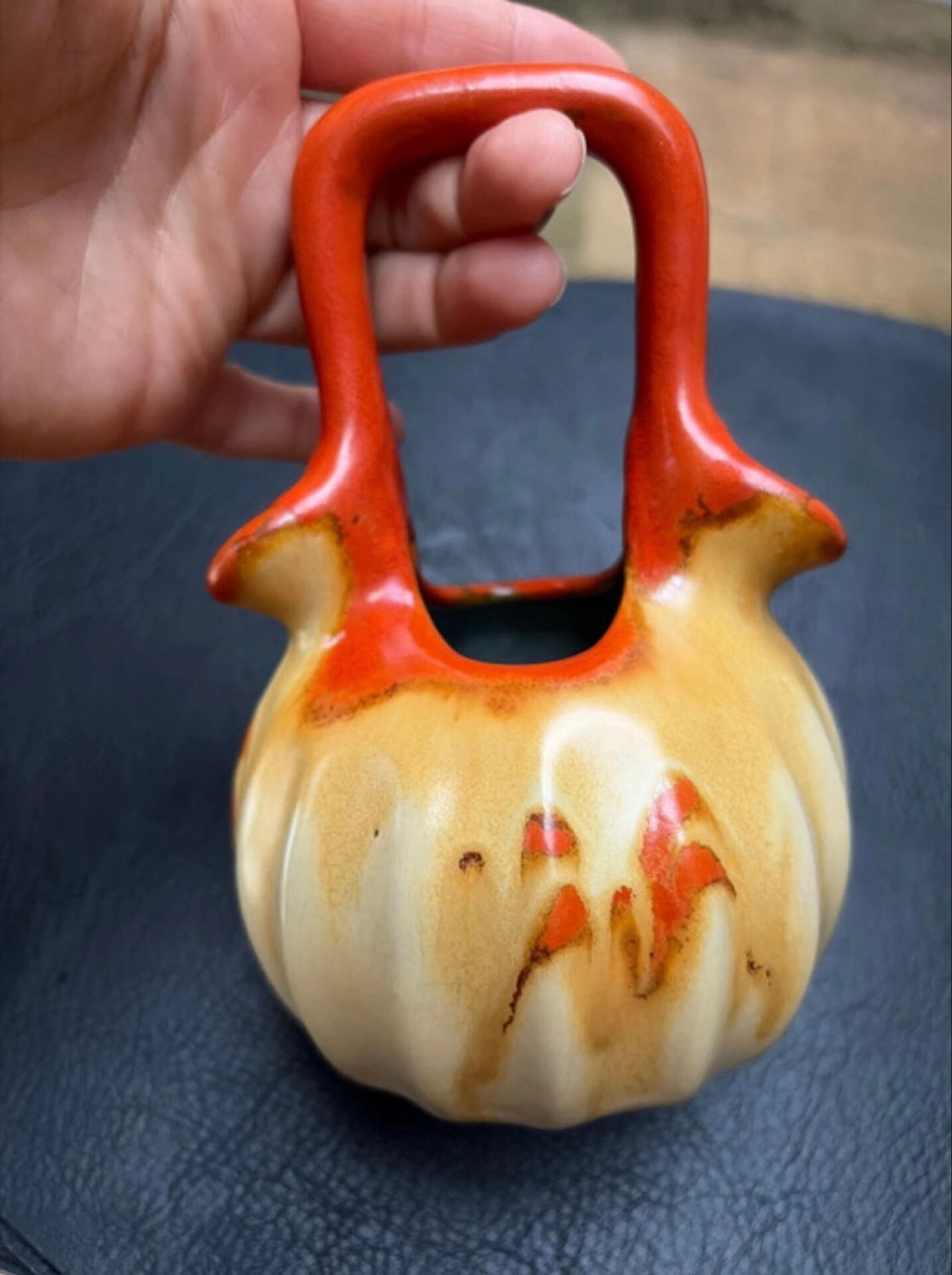 Vase soliflor double ouverture Belgique orange marron vintage