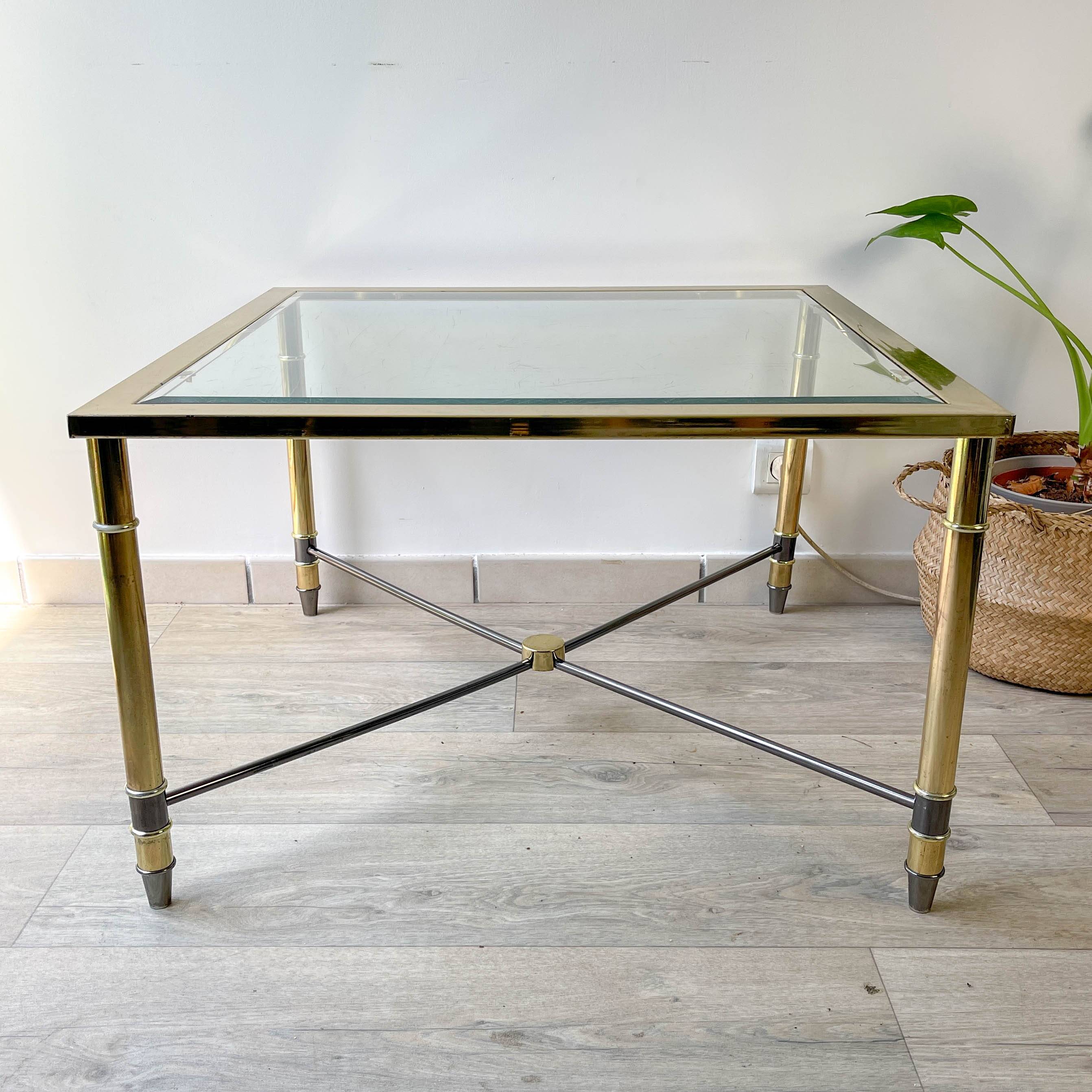 Vintage Brass and Square Beveled Glass Coffee Table
