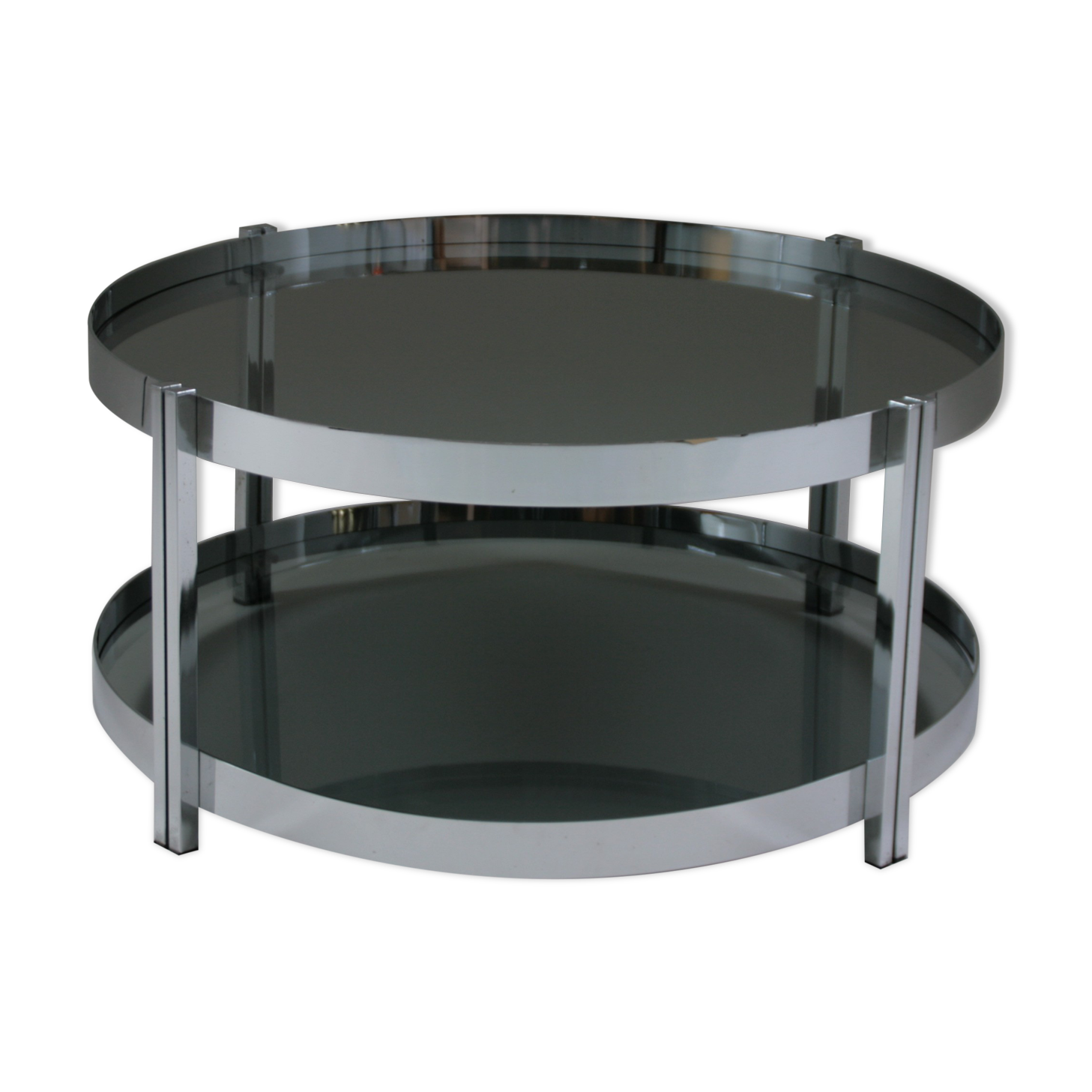 Round chrome-plated metal coffee table and smoked glass tops, France 1970s