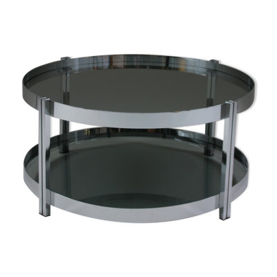Table basse ronde en métal chromé et plateaux en verre fumé, France 1970s
