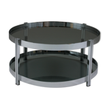 Round chrome-plated metal coffee table and smoked glass tops, France 1970s