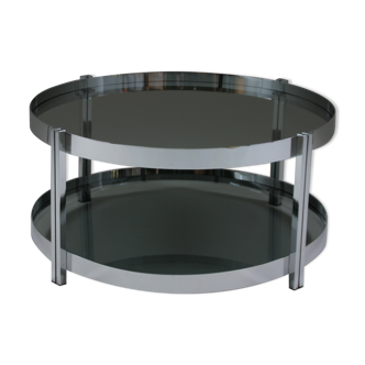 Round chrome-plated metal coffee table and smoked glass tops, France 1970s