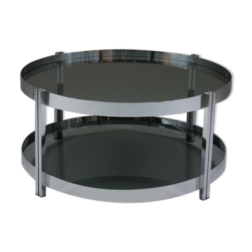 Table basse ronde en métal chromé et plateaux en verre fumé, France 1970s