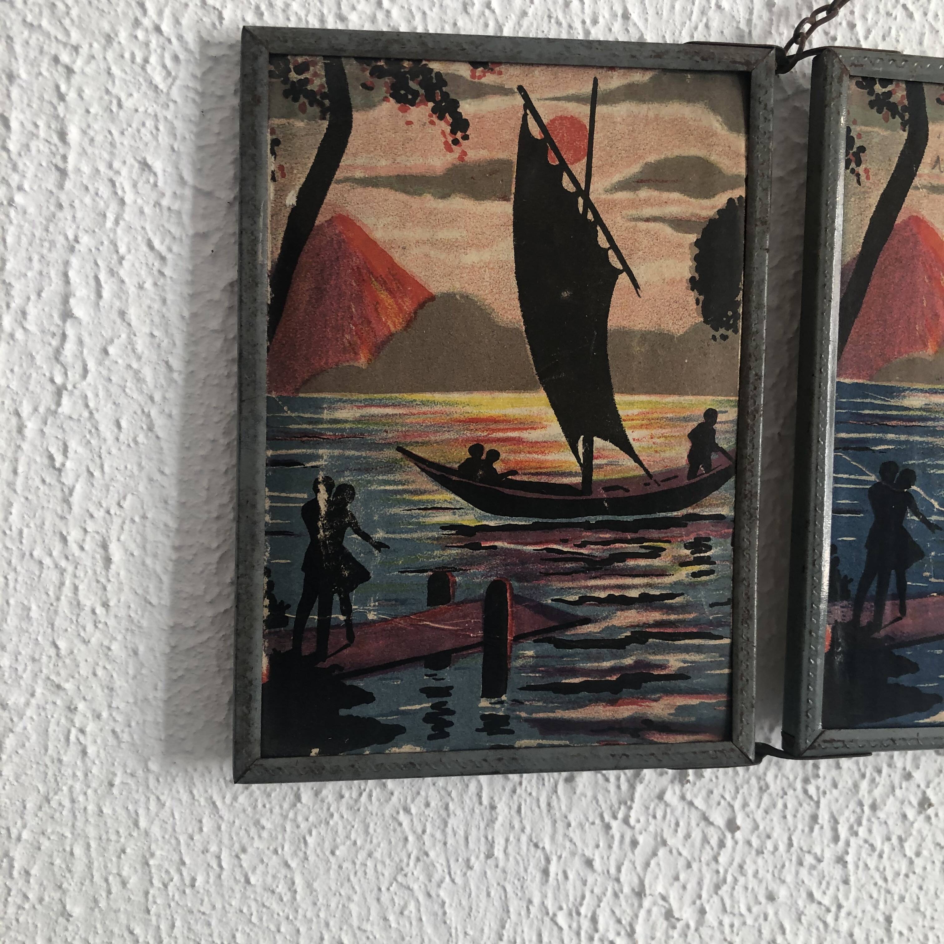 Vintage 1940 triptych mirror barber hairdresser boat sea - 16 x 37 cm