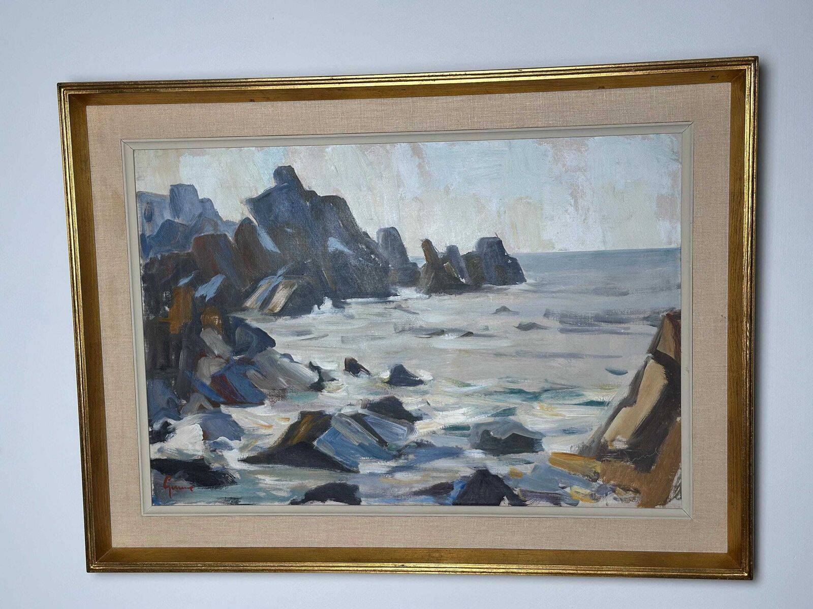 Original Mid Century Swedish Oil On Canvas – Coastal View, Grundsund By Carl Gunne – Vintage & Framed