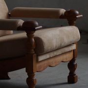Mid-20th century, pair of armchairs by Henning Kjærnulf, oak and alcantara, 1960s.