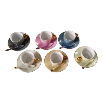 6 mocha coffee cups with saucers and spoons, colorful, golden handle, from the 60s