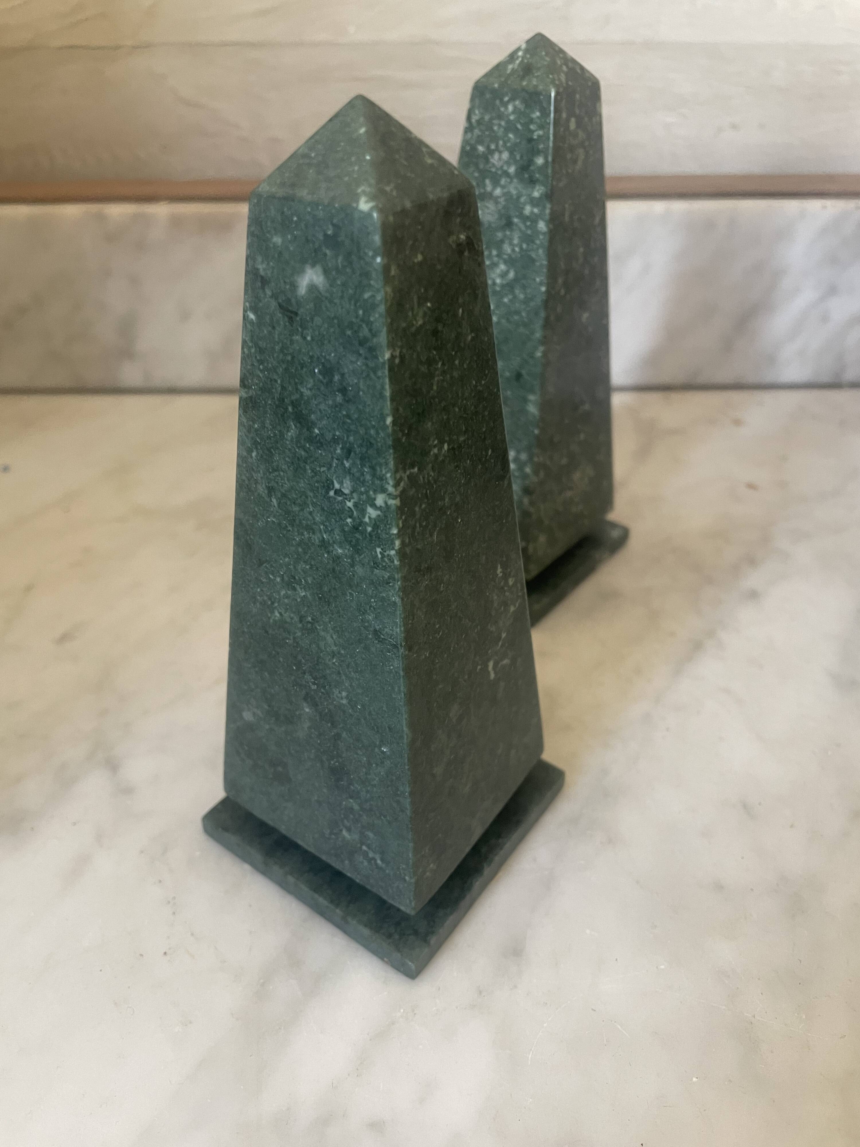 Pair of green marble obelisk bookends
