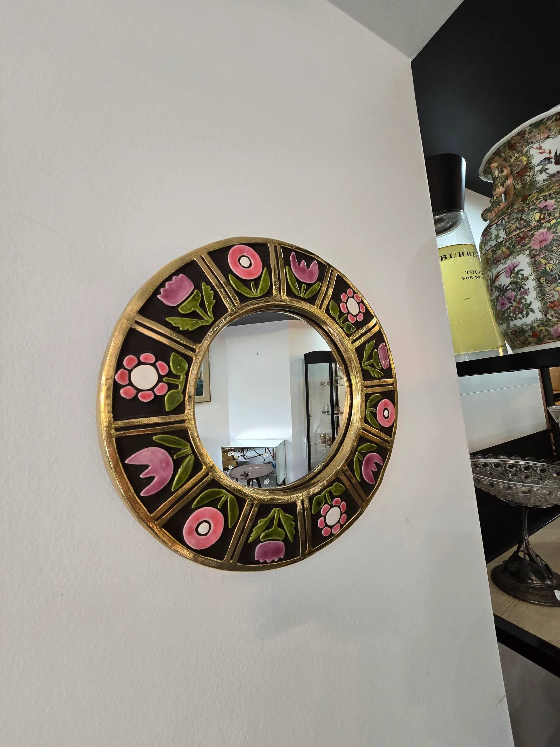 Mithé Espelt - glazed ceramic mirror. Floral decoration, 1960s.