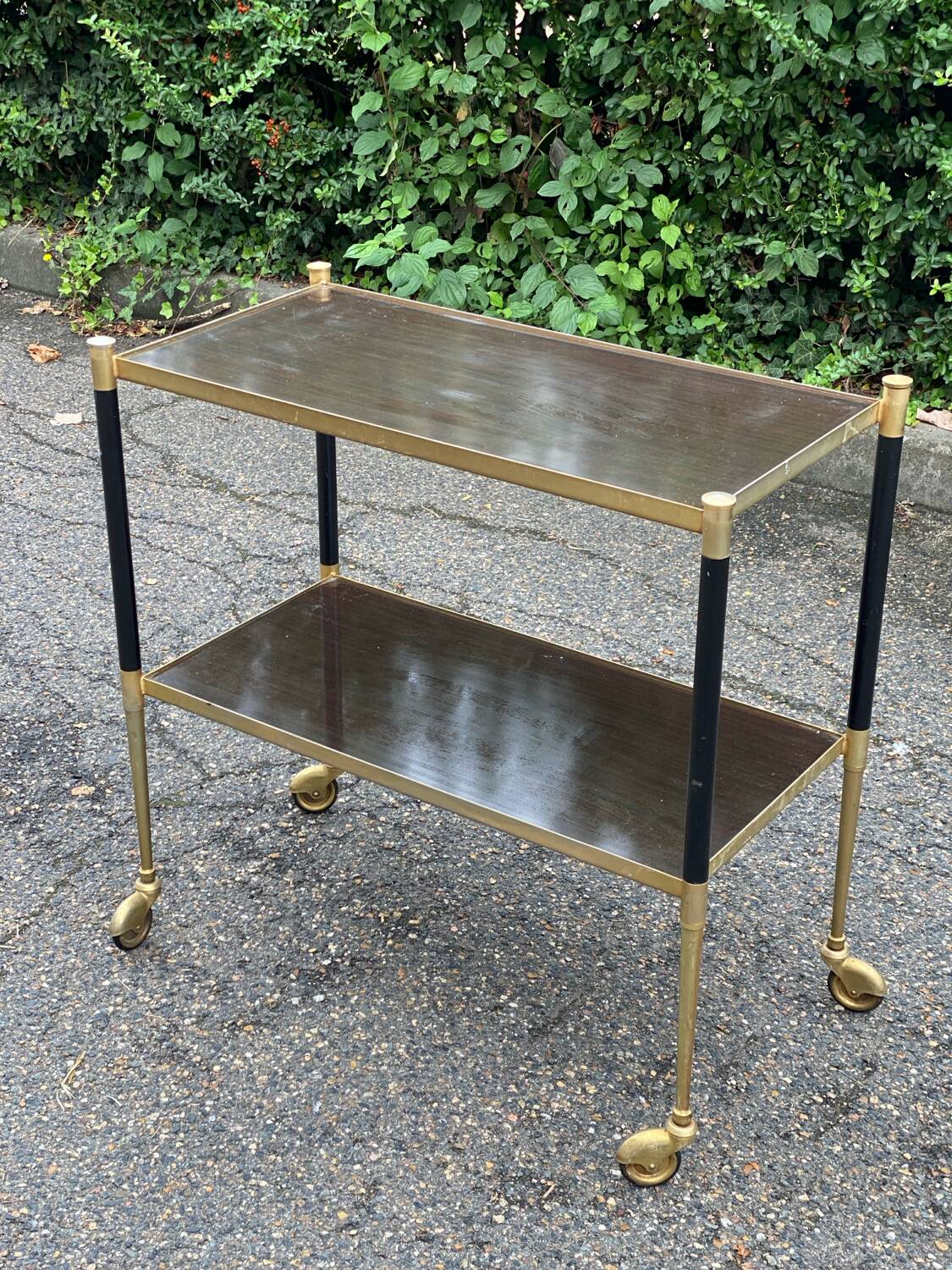 Vintage serving trolley on brass and rosewood wheels
