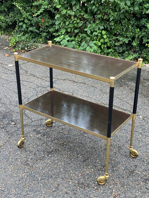 Desserte vintage sur roulettes laiton et palissandre