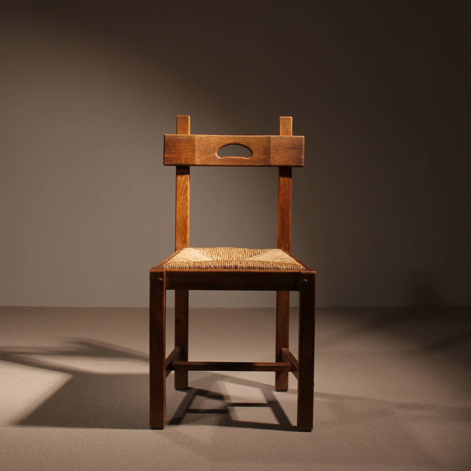 Brutalist Pair of Oak & Rush Chairs | Europe 1960s