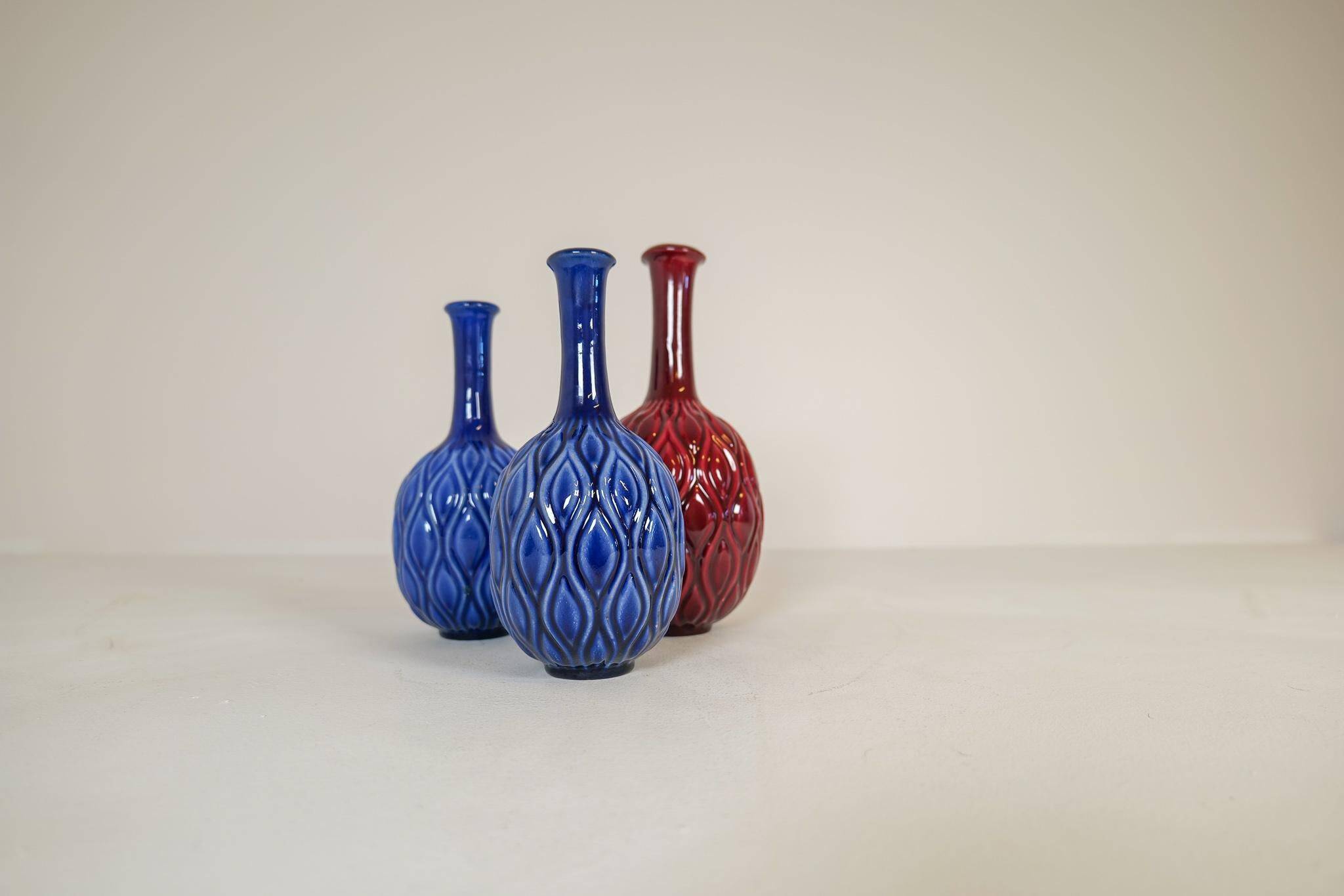 Blue and red peacock vases Midcentury Sven Erik Skawonius Upsala Ekeby, 1950s