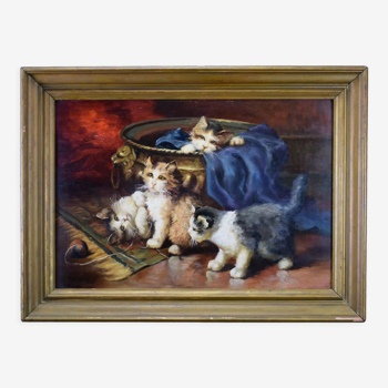 Peinture l'huile sur panneaux chatons jouant par Leon Huber