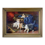 Peinture l'huile sur panneaux chatons jouant par Leon Huber