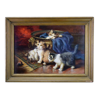 Oil painting on panels kitten playing by Leon Huber