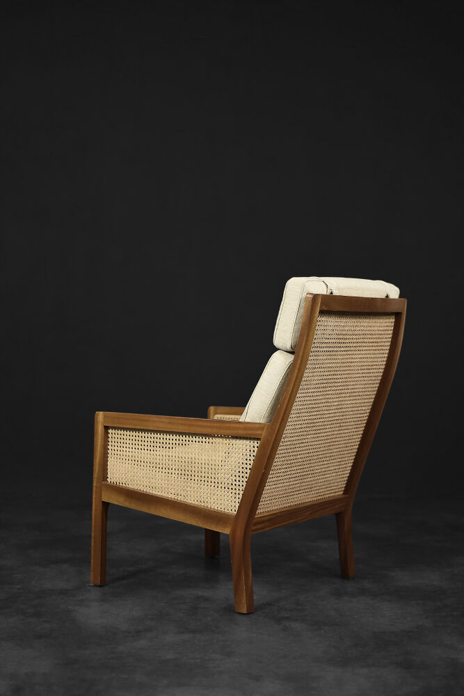Mid-century modern Scandinavian mahogany armchair with French wicker by Bernt Petersen.