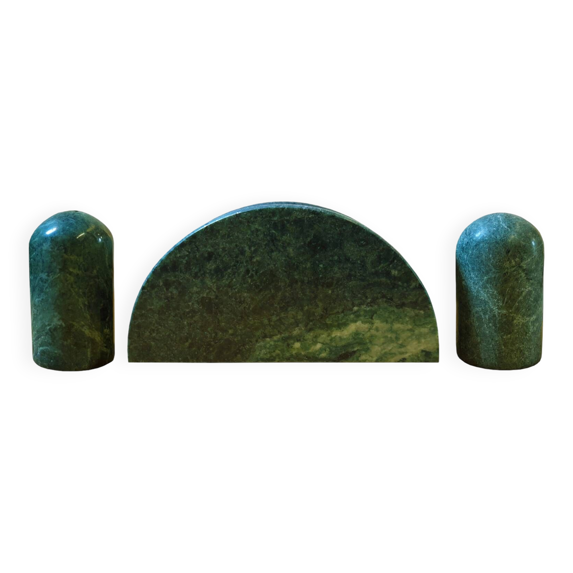 Trio of salt shakers, pepper shakers and napkin holders in green marble