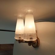 Pair of vintage double-light wall sconces in brass and etched glass from the 60s/70s.