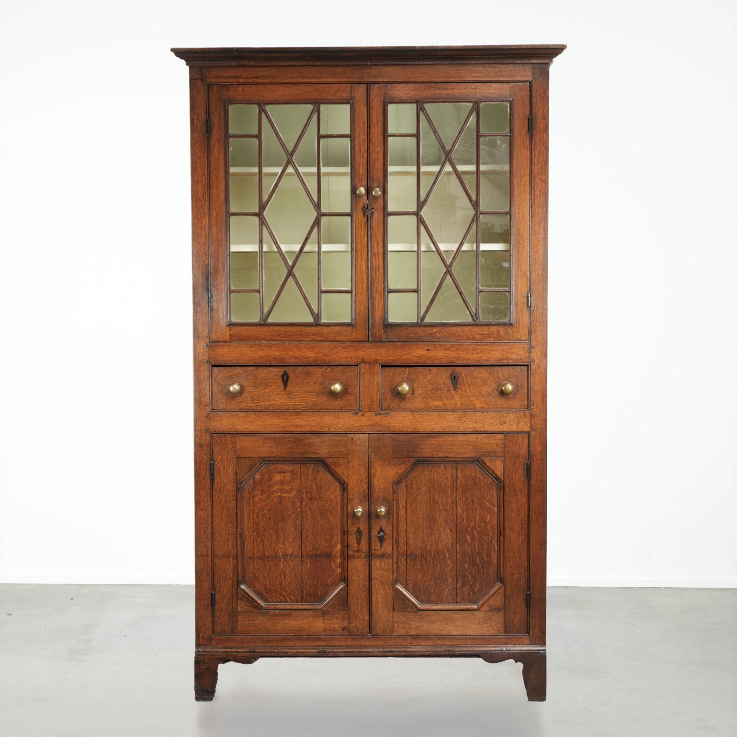 Antique 18th-century Welsh/English oak bookcase/buffet with original glass