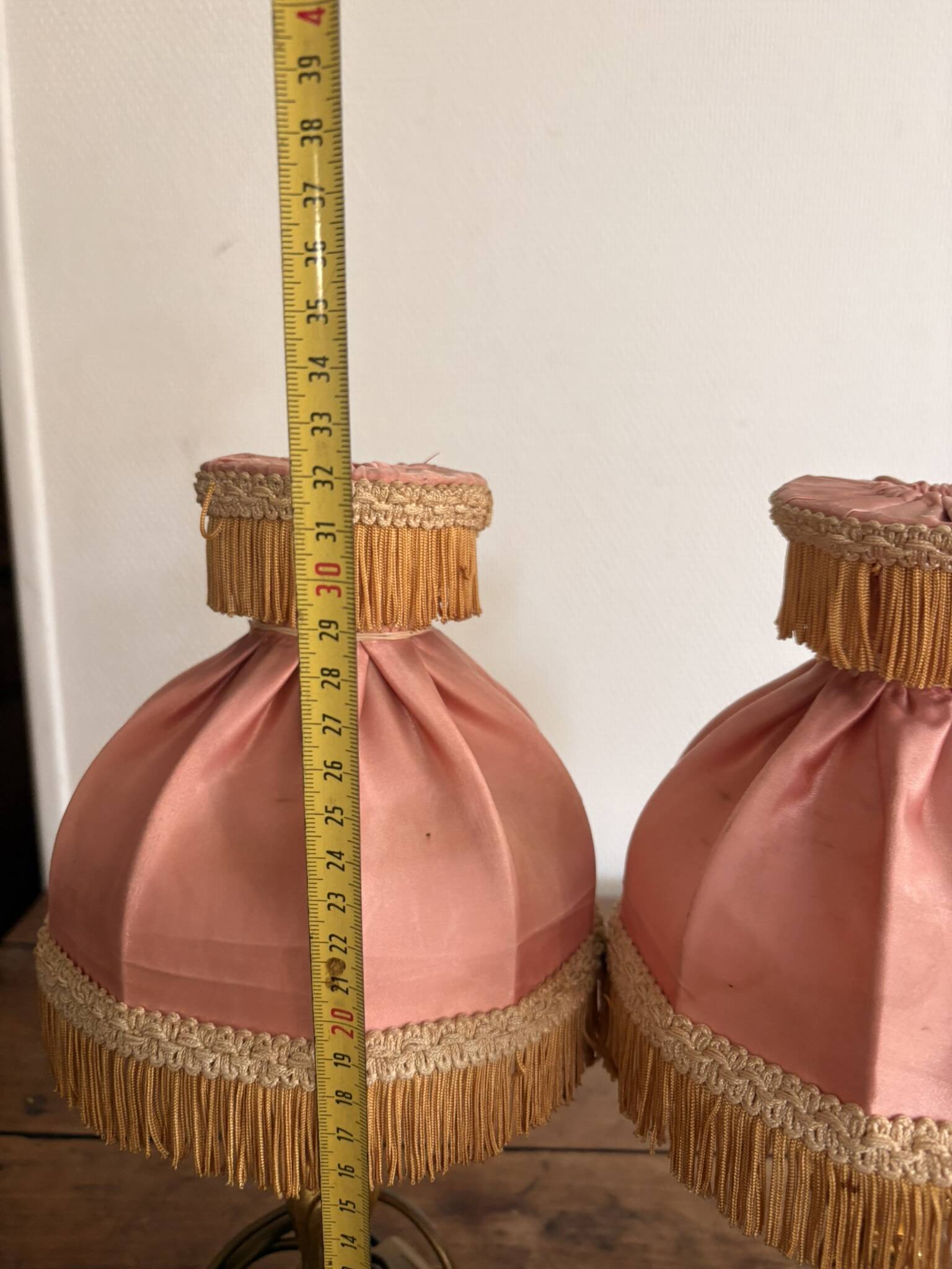 Pair of Bedside Lamps in Gilded Bronze with Pink Silk Shades and Fringes in Louis XV Style