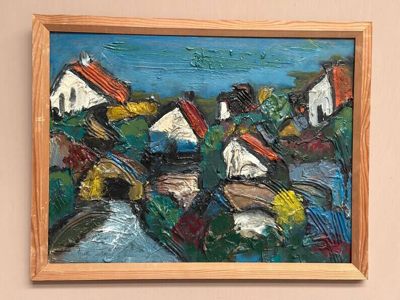 Original Swedish Oil on Panel – "Village Scene (Thick Impasto)" – Signed – Vintage and Framed