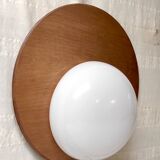 Designer wall lights in wood and opaline globe - mid-20th century
