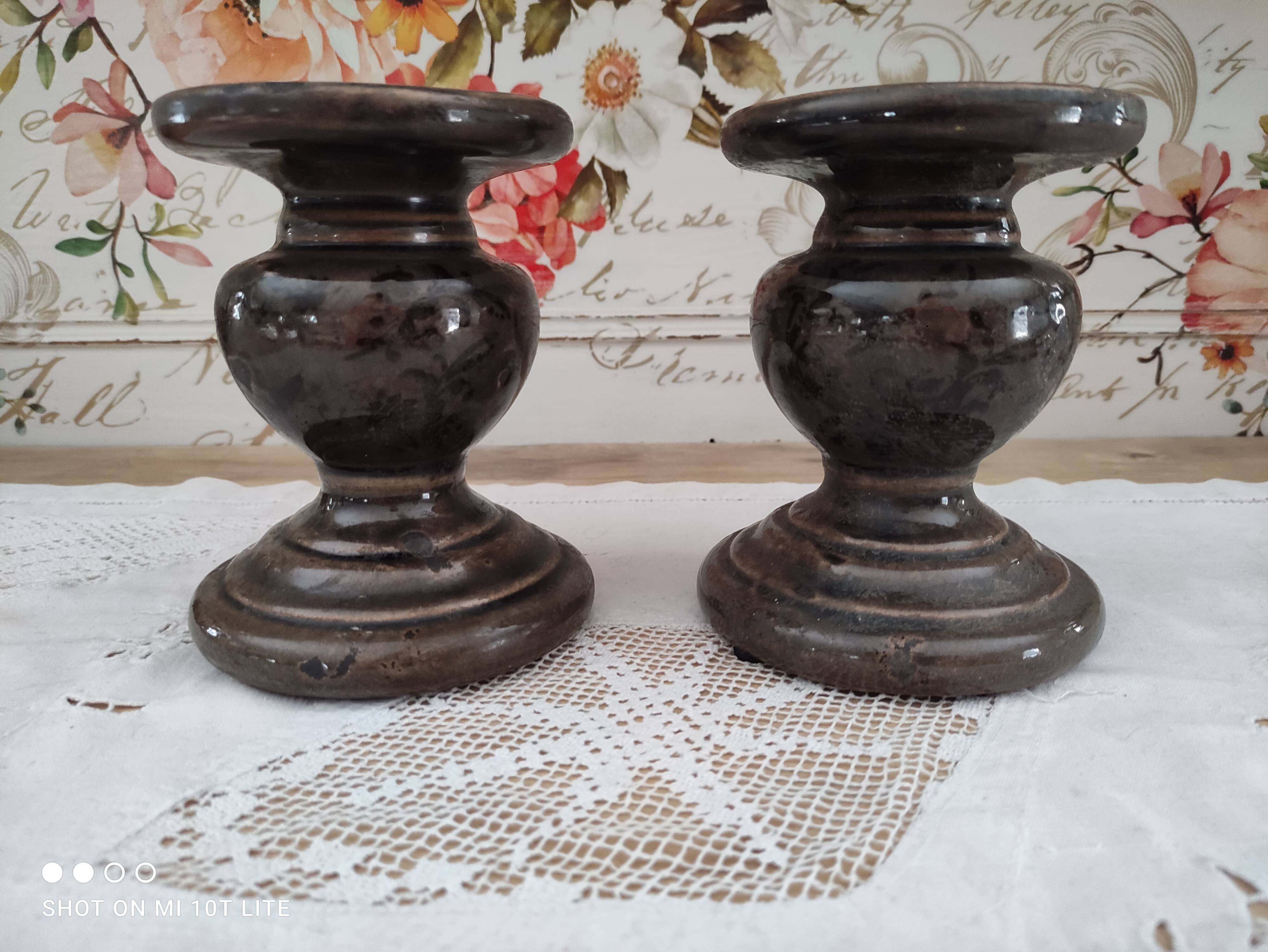 Set of 2 candle holders in brown enamelled terracotta decoration floral pattern tone on tone