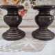 Set of 2 candle holders in brown enamelled terracotta decoration floral pattern tone on tone