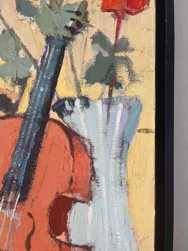 Le violon aux roses, huile sur toile