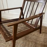 Scandinavian style armchair in wood and ecru fabric, 1950-1960