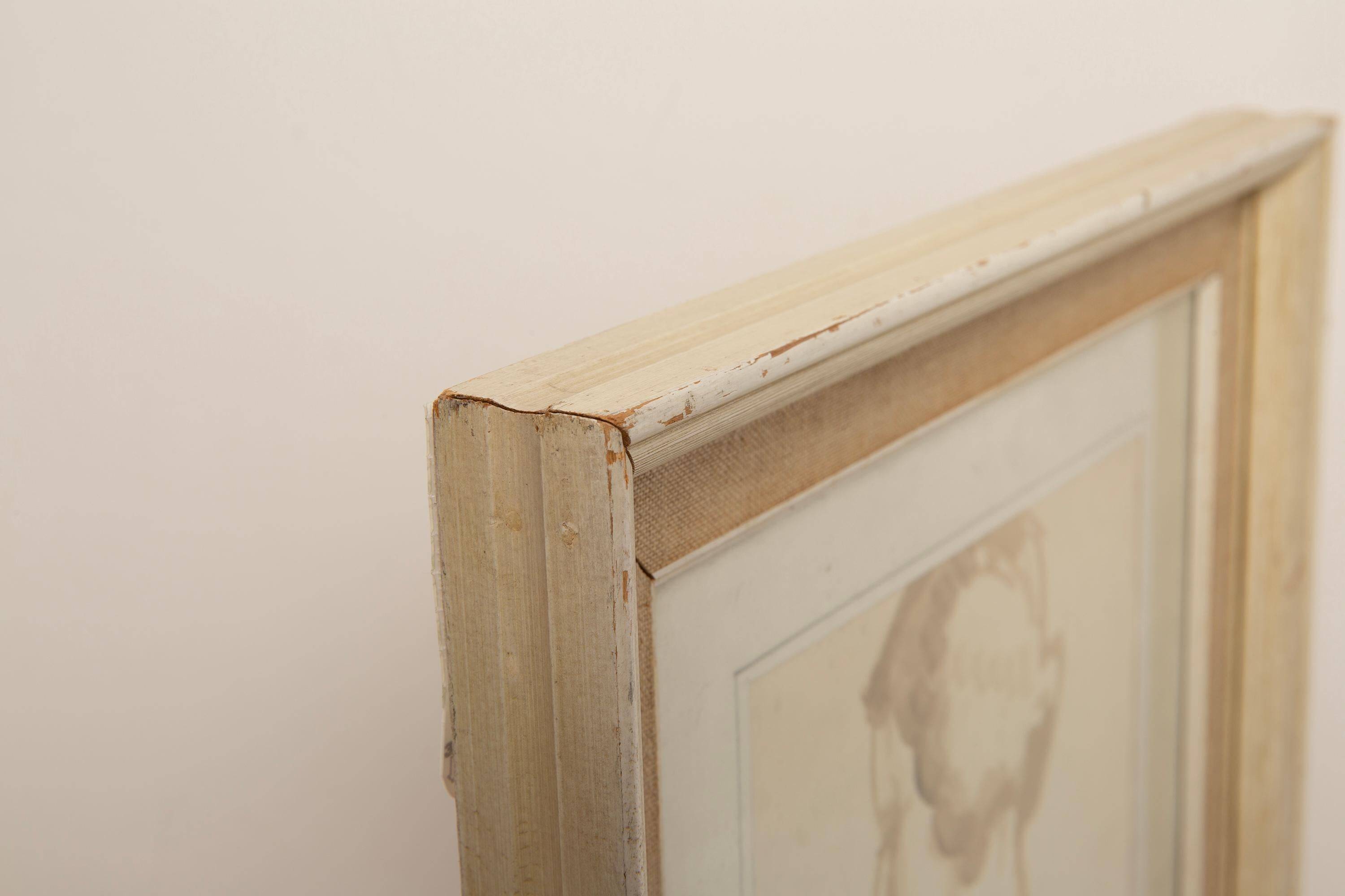Classic female painting from the mid-century, wooden frame and linen, 1930s.