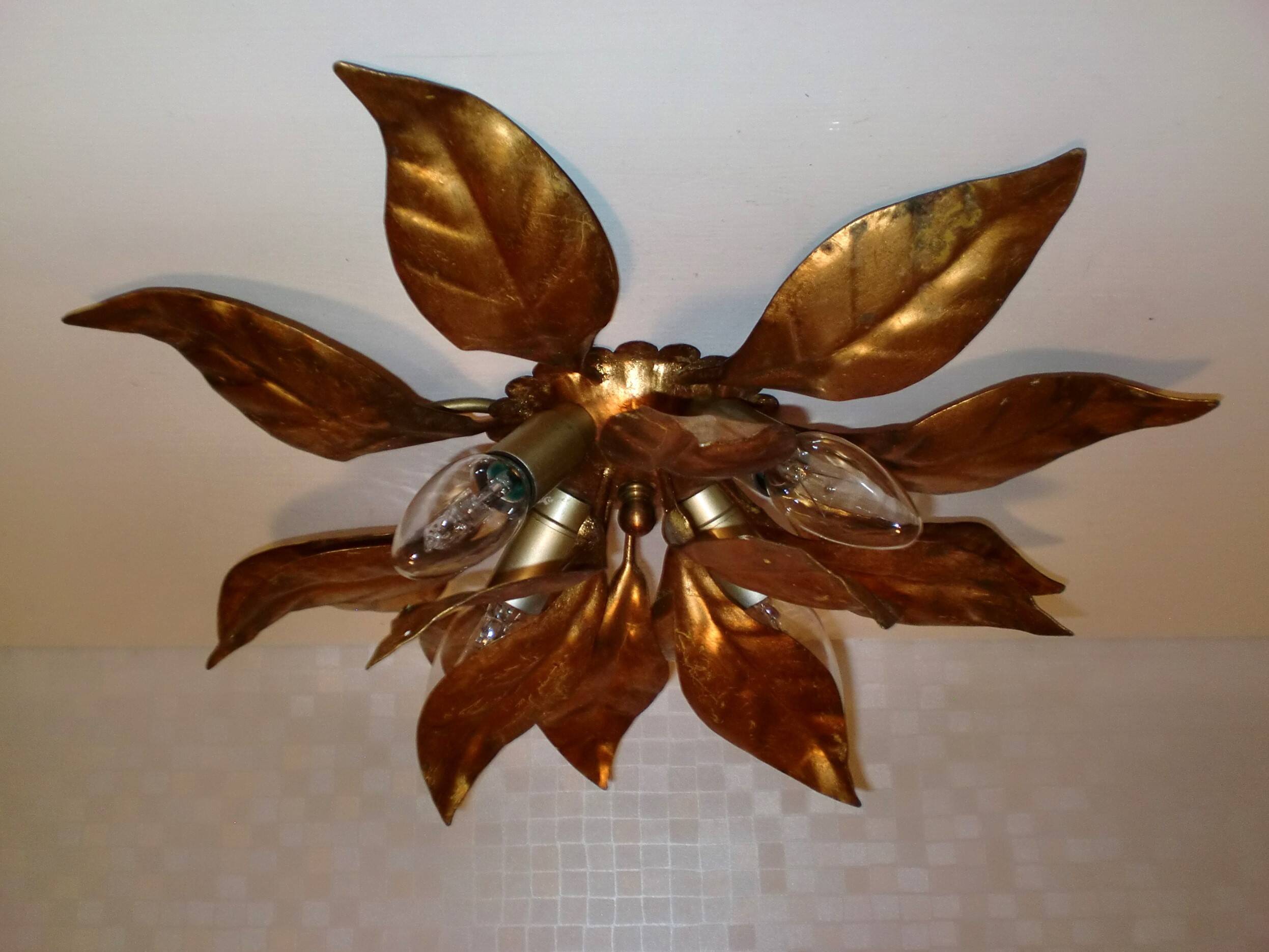 Pair of Florentine Wall Lamps / Ceiling Lights Golden Metal Leaves