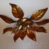 Pair of Florentine Wall Lamps / Ceiling Lights Golden Metal Leaves