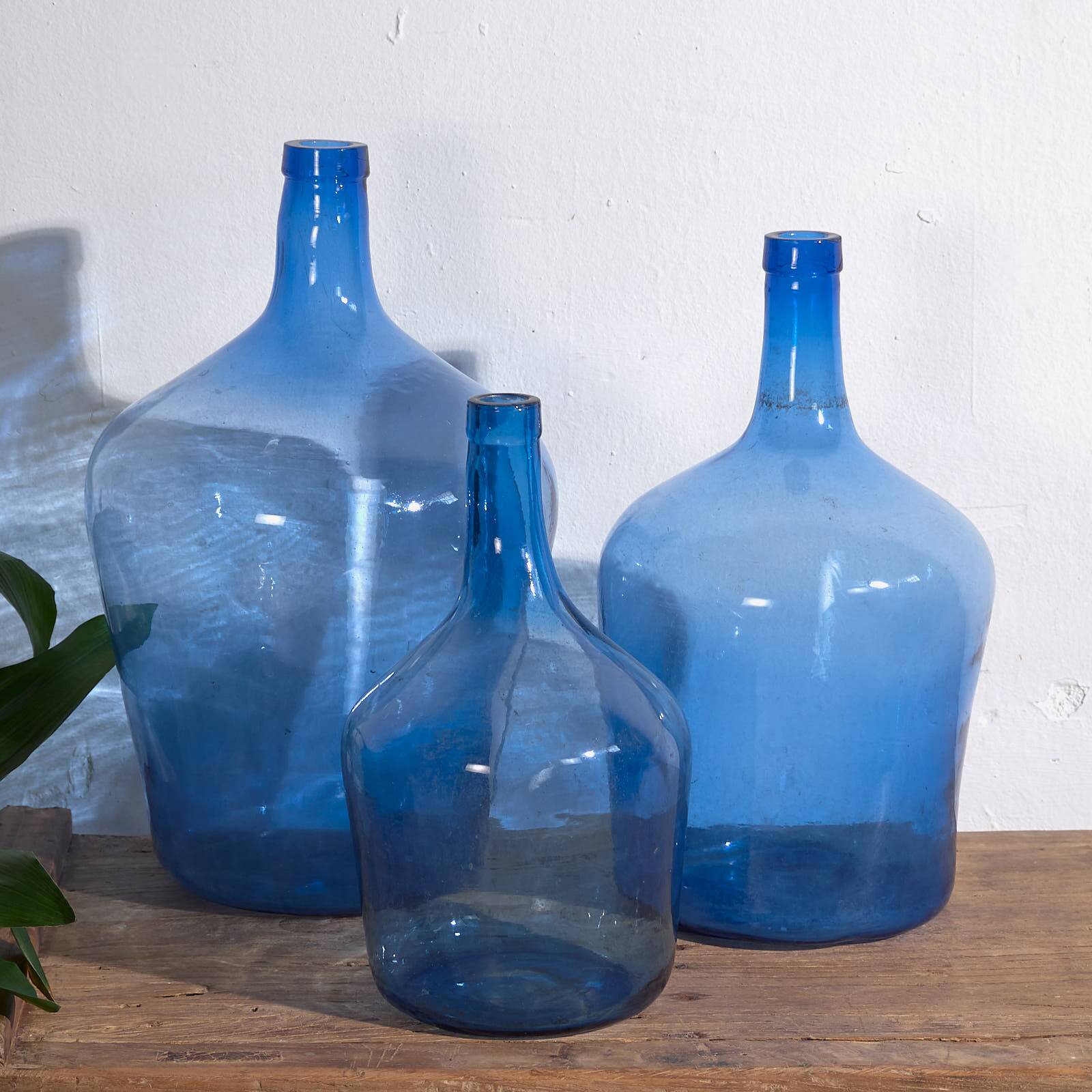 Antique blue demijohns (circa 1920). 3-piece set #1