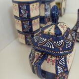 Art deco tea set in cream and blue faience signed. HB de la Hubaudière, Quimper. Around 1930