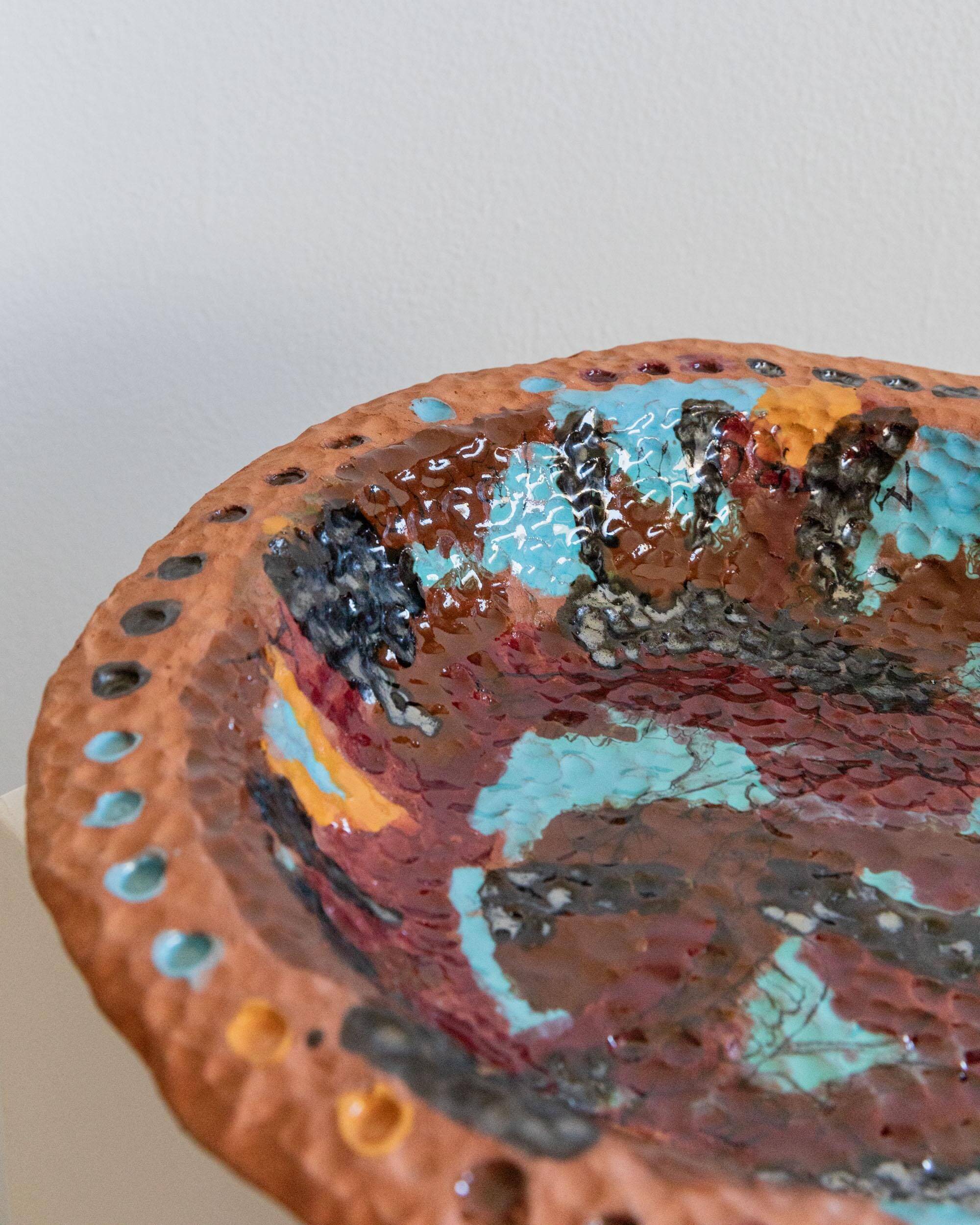 Vintage 1970s ceramic workshop bowl, naive handcrafted shape with coloured glaze, terracotta fruit bowl or wall plate, elegant gift idea.