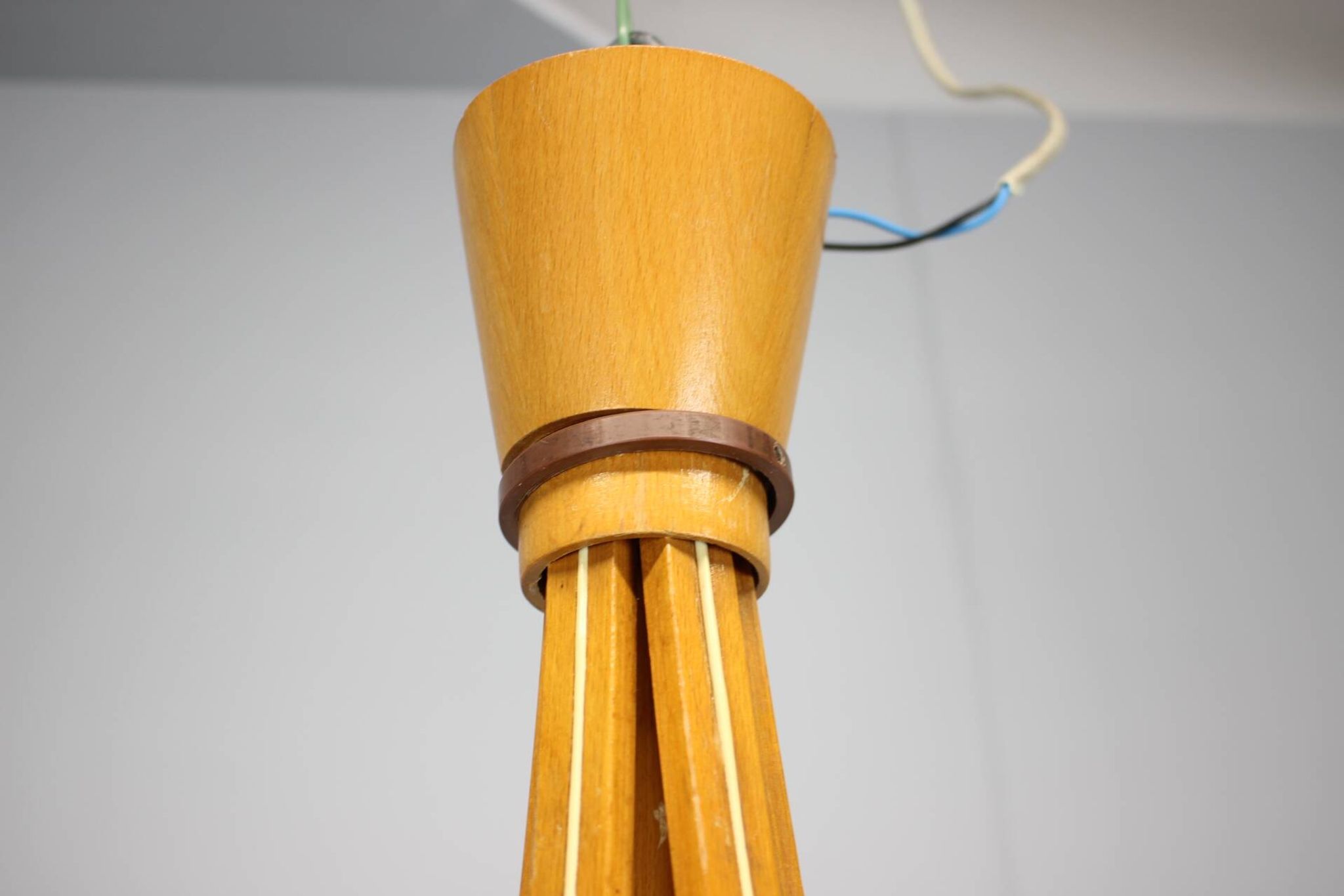 Mid-century wooden chandelier with glass shades, Czechoslovakia, 1970s.