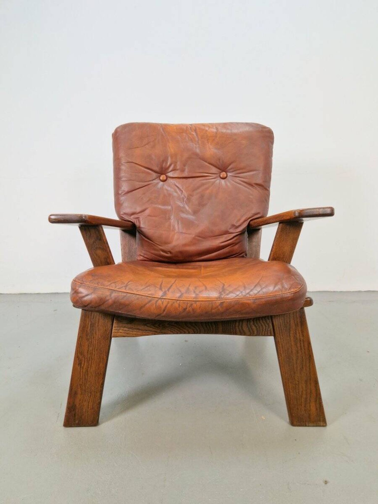 Brutalist Wood Armchair with Brown Leather Upholstery, Germany, 1960s