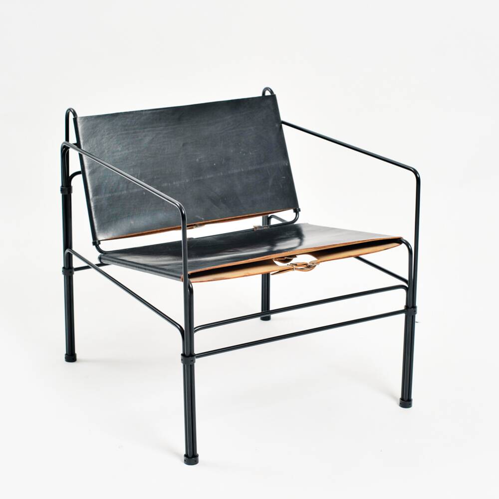 Black modernist design lounge set by Jan van Opzeeland in leather and steel bar, Netherlands, 1980s