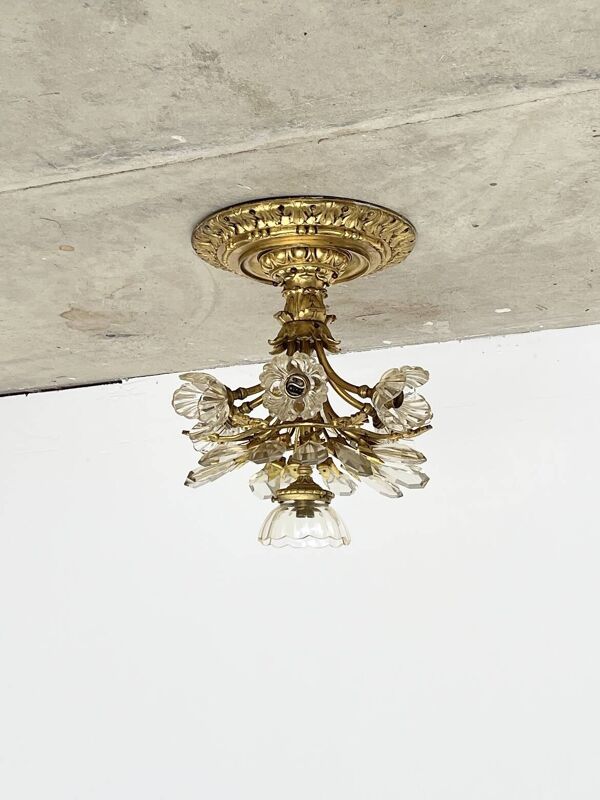 Plafonnier ''Montgolfière'' Ancien – Bronze Doré & Cristal (7 Feux)
