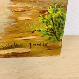 Oil painting on cardboard signed J. Masse village landscape
