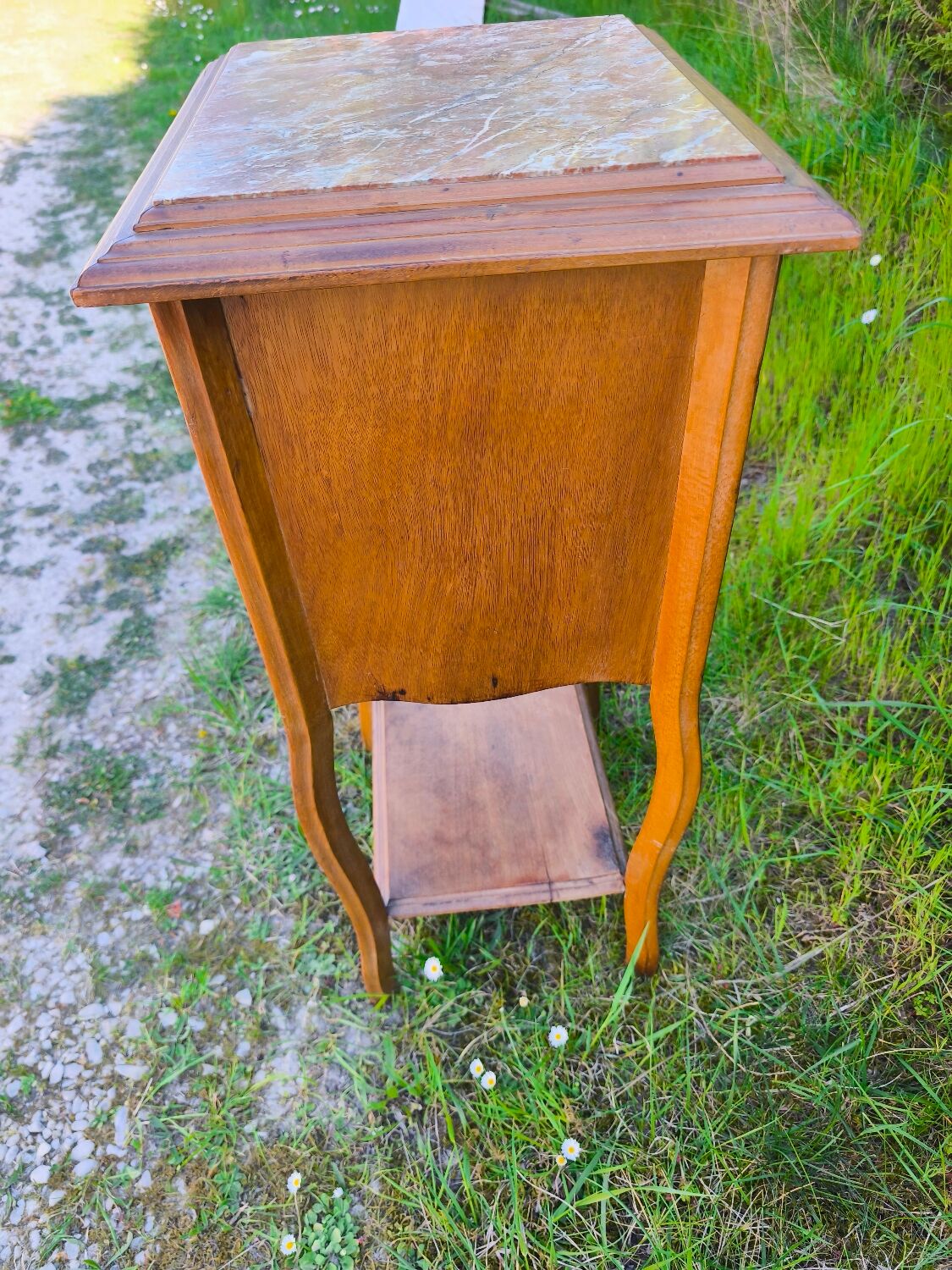 Louis XV style bedside table in wood veneer and marble