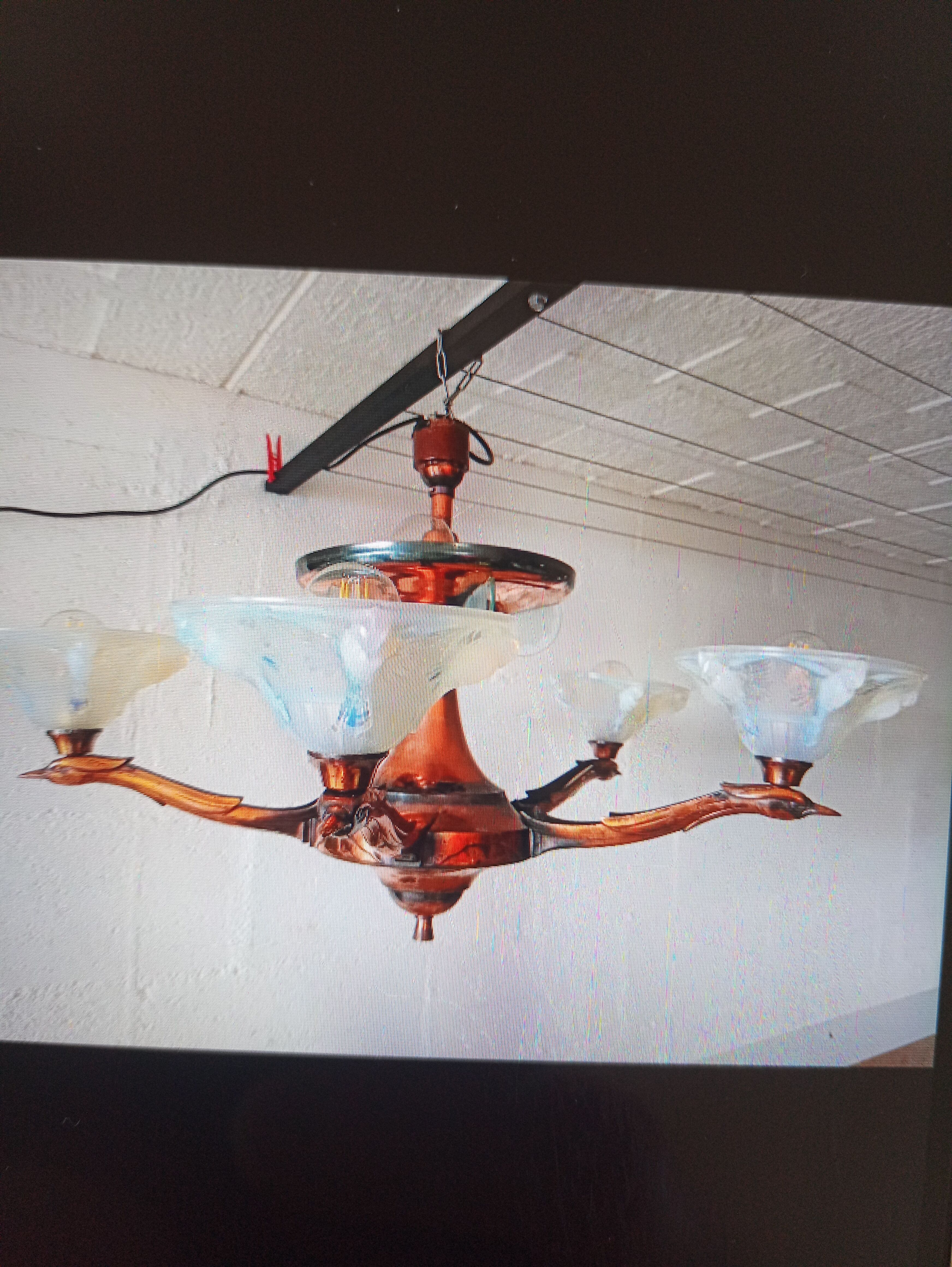 Opalescent glass and copper chandelier