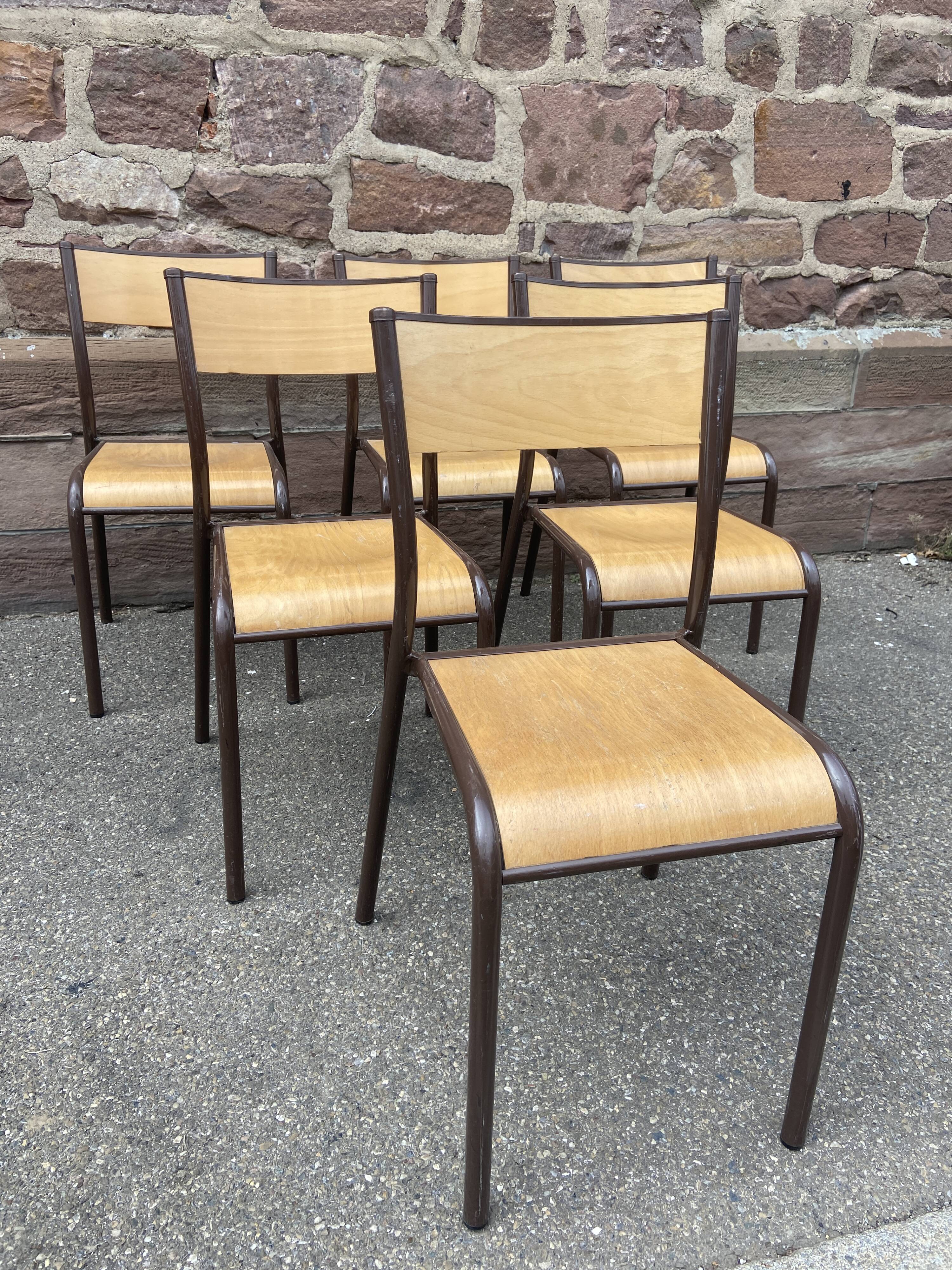 Set of 6 vintage industrial school chairs for communities mullca delagrave tube & wood