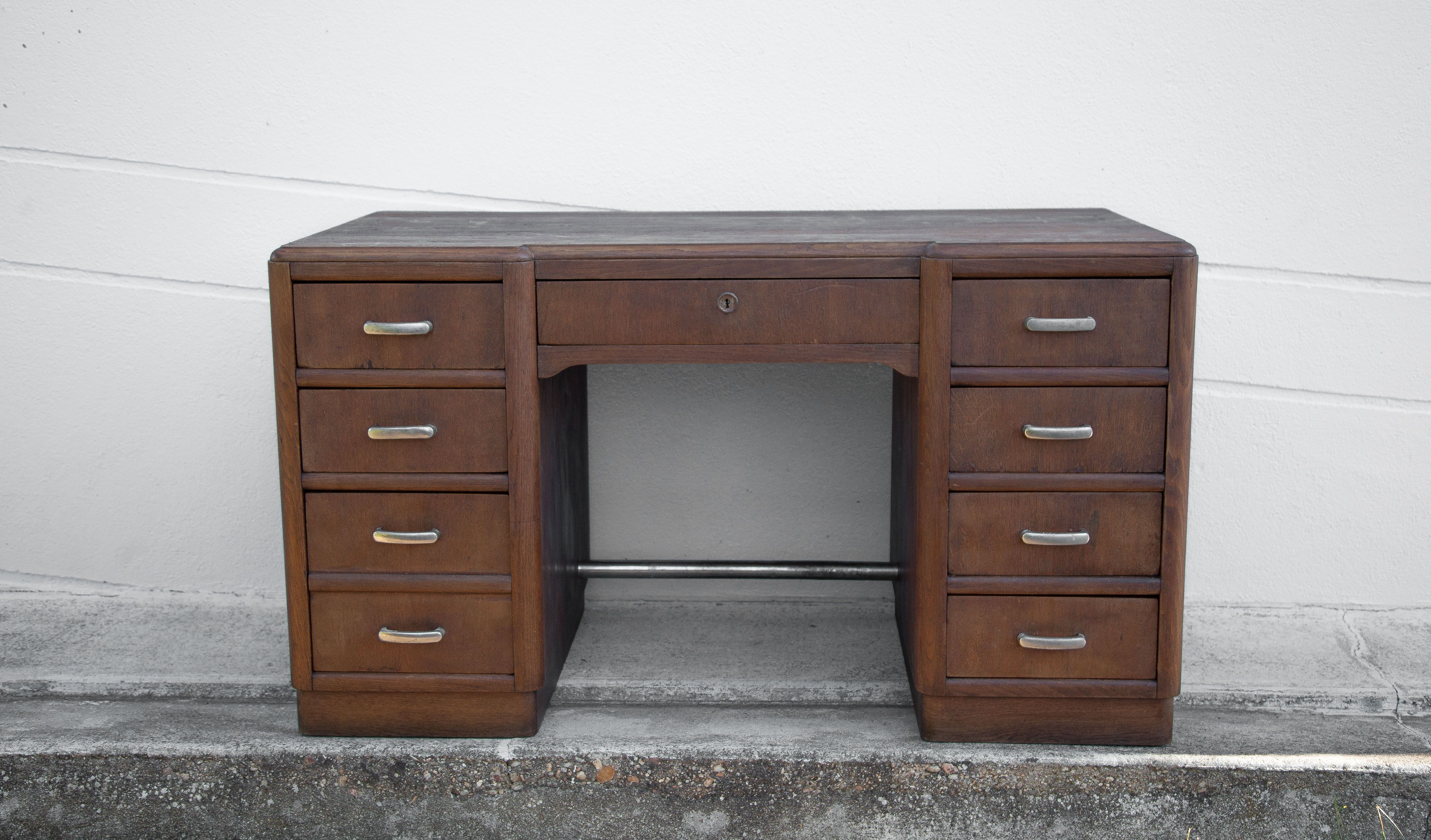 Art deco desk, oak minister's office, large 2-box desk, drawer desk, 40's